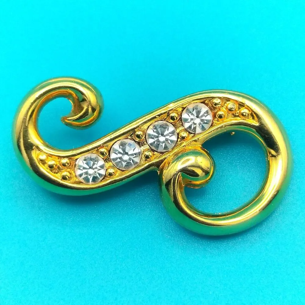 Gold Tone Swirl Rhinestone Brooch Pin Jewelry